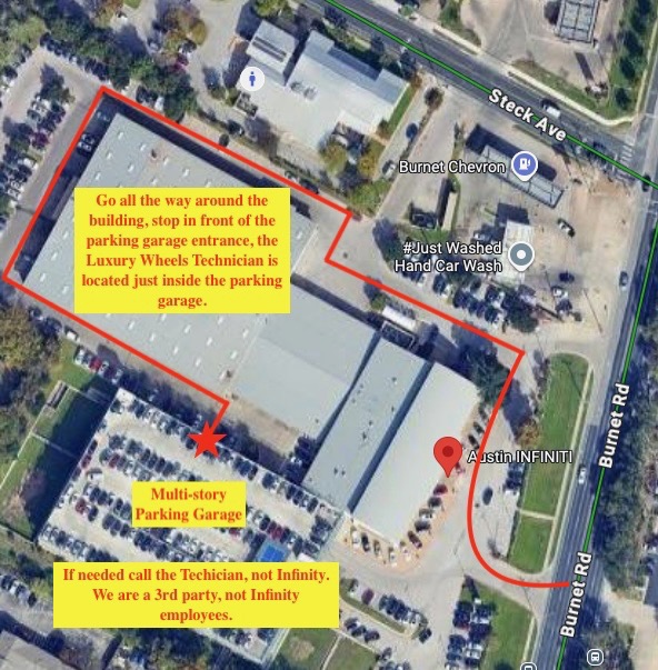 Map showing Auto Reflekt at 8140 Burnet Rd, Austin, TX inside the multi-story parking garage behind Austin INFINITI