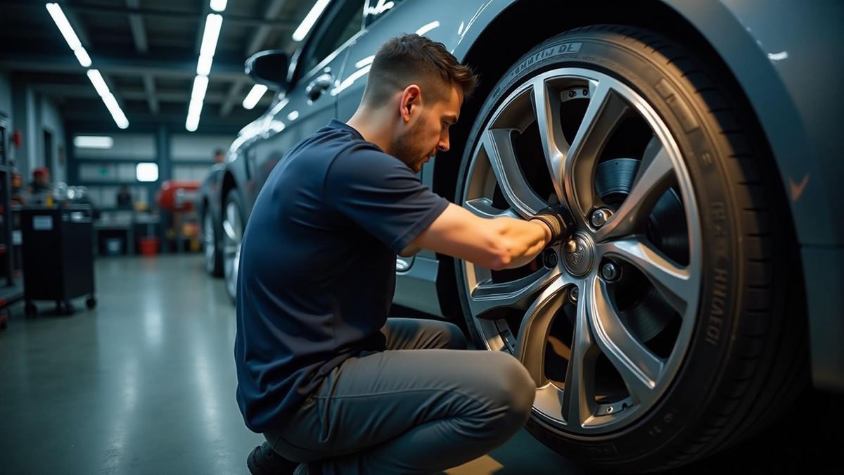 Wheel reconditioning technician working on a vehicle in a workshop