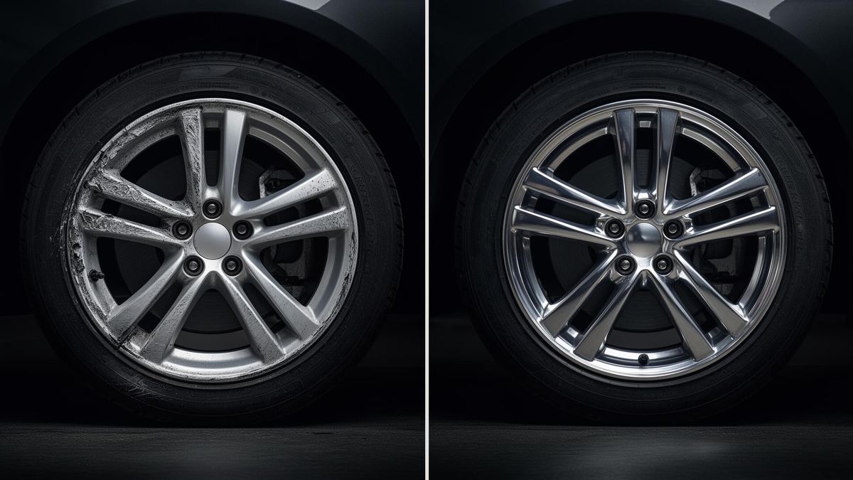 Before and after rim repair — damaged rim restored to like-new condition